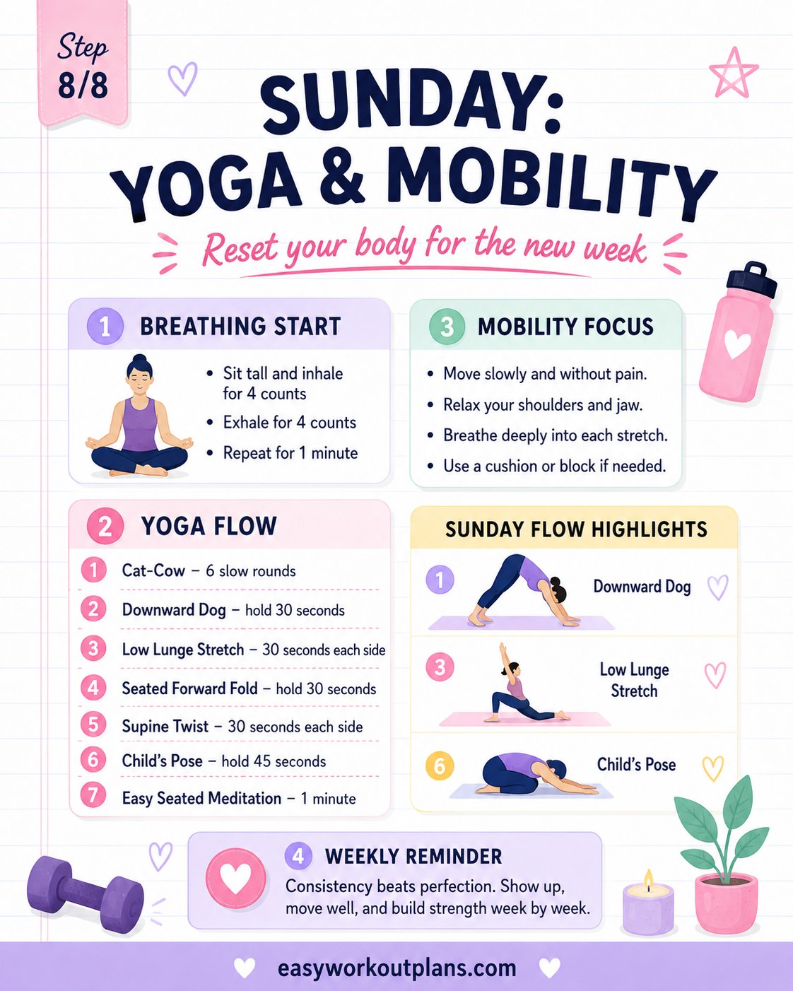 Sunday yoga and mobility flow closing the week with breathing, cat-cow, and child’s pose