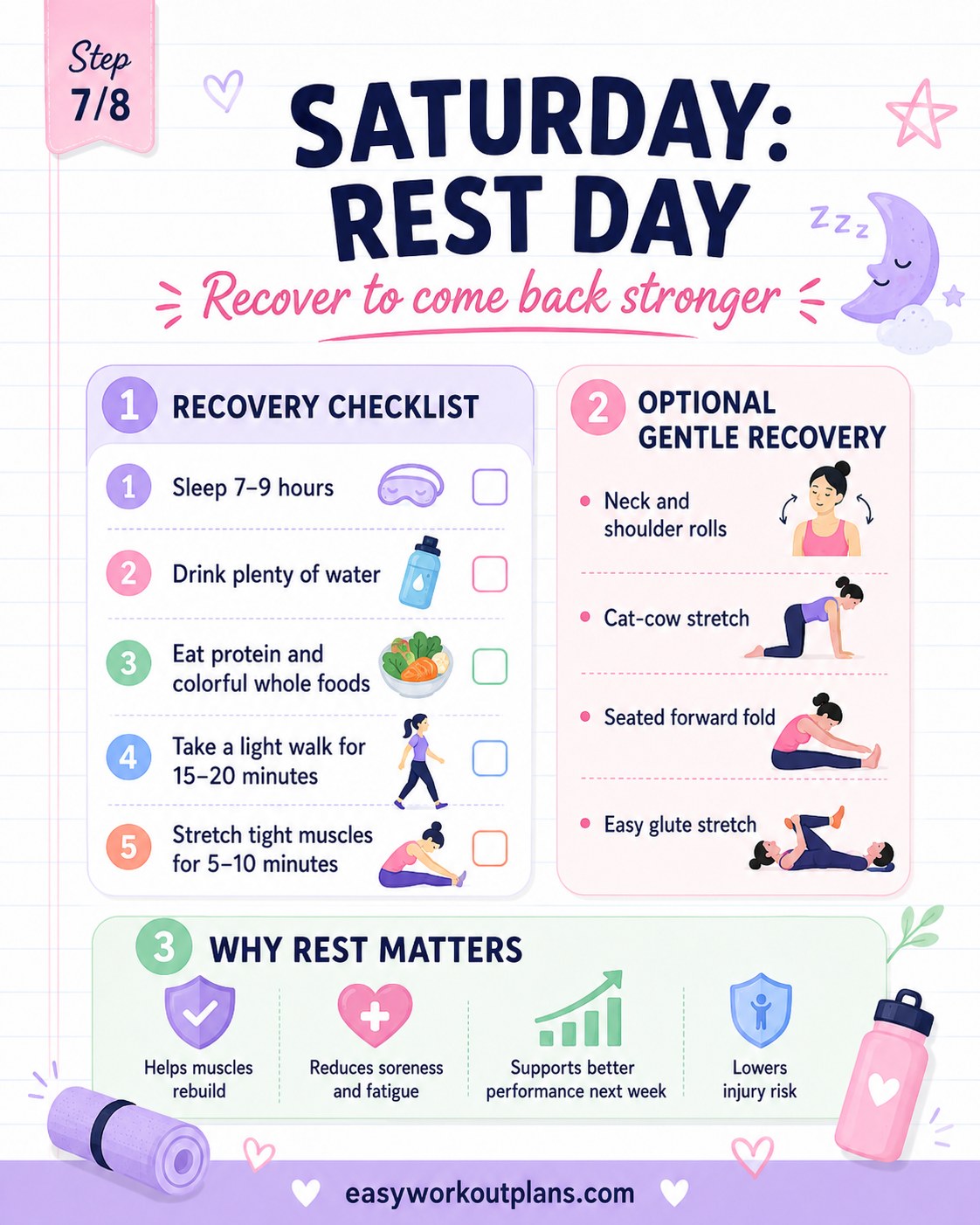 Saturday rest day checklist covering sleep, hydration, and gentle recovery stretches