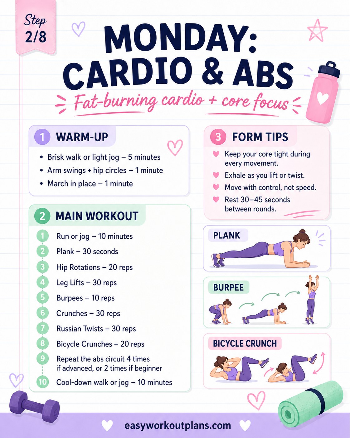 Monday cardio and abs session with plank, burpee, and bicycle crunch moves illustrated step by step